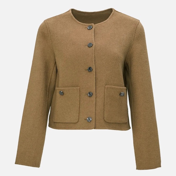 S Deer - Chic Tan Lightweight Round Neck Woolen Cropped Jacket - Picture 3 of 10